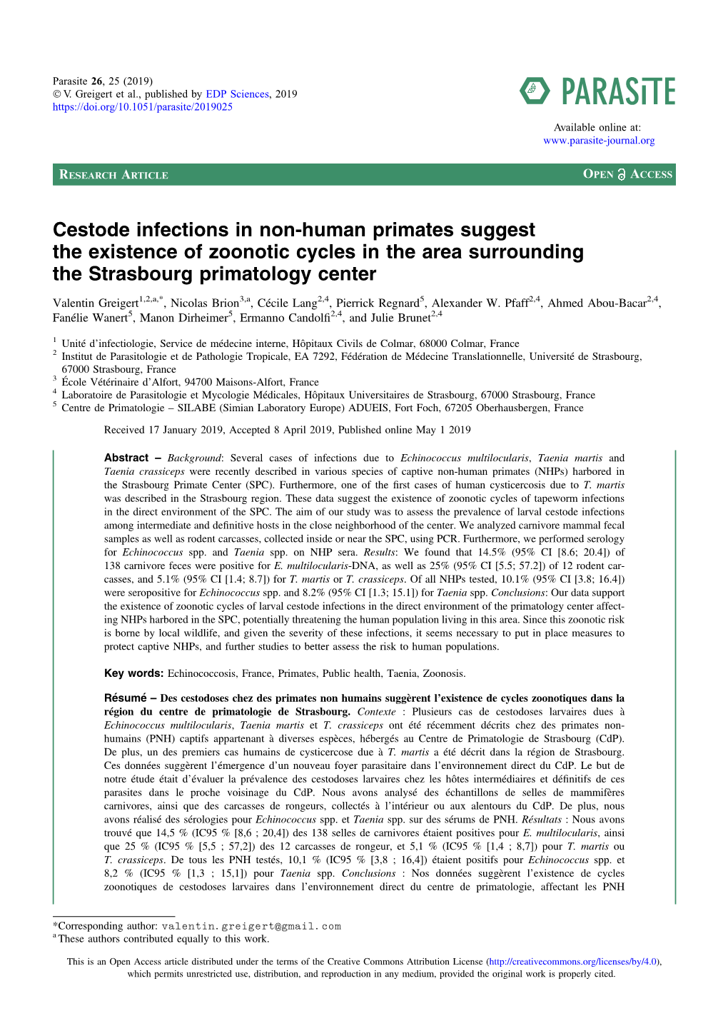 Cestode Infections in Non-Human Primates Suggest the Existence of Zoonotic Cycles in the Area Surrounding the Strasbourg Primatology Center