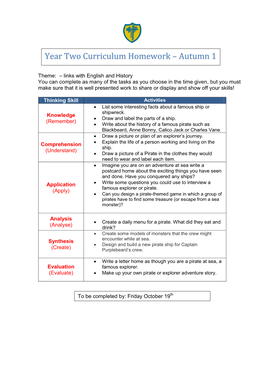 Year Two Curriculum Homework – Autumn 1