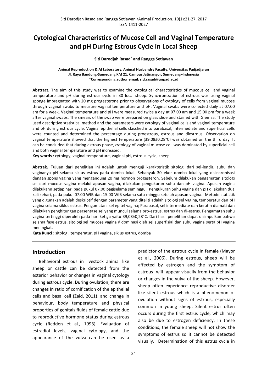 Cytological Characteristics of Mucose Cell and Vaginal Temperature and Ph During Estrous Cycle in Local Sheep