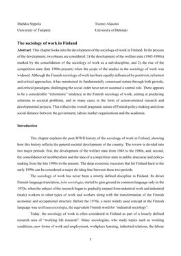 The Sociology of Work in Finland Abstract: This Chapter Looks Into the Development of the Sociology of Work in Finland