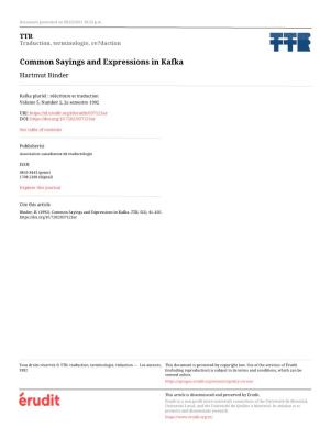 Common Sayings and Expressions in Kafka Hartmut Binder