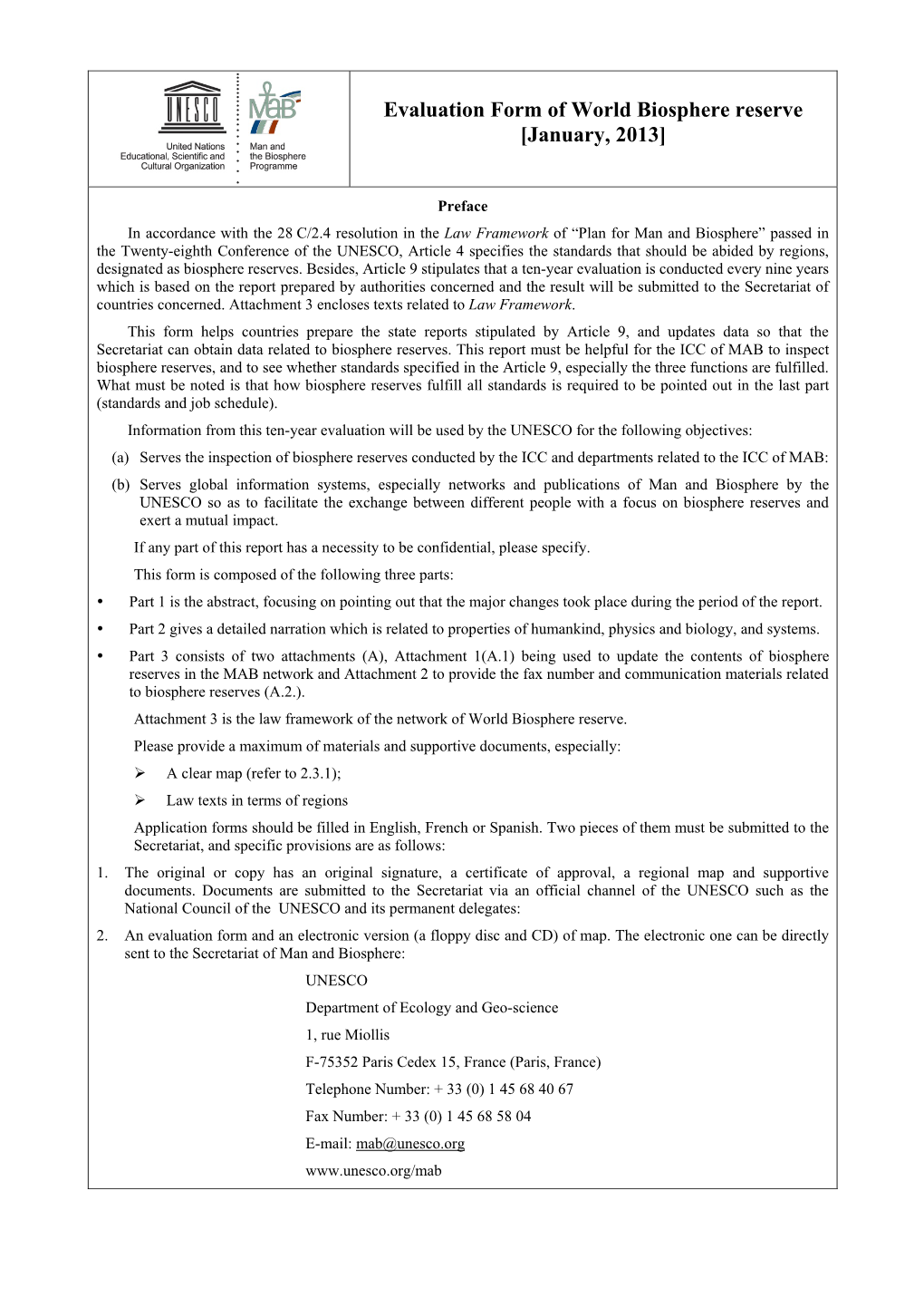 Evaluation Form of World Biosphere Reserve [January, 2013]