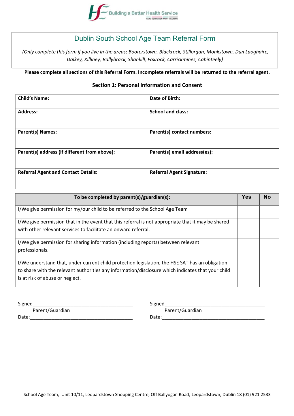 Dublin South School Age Team Referral Form