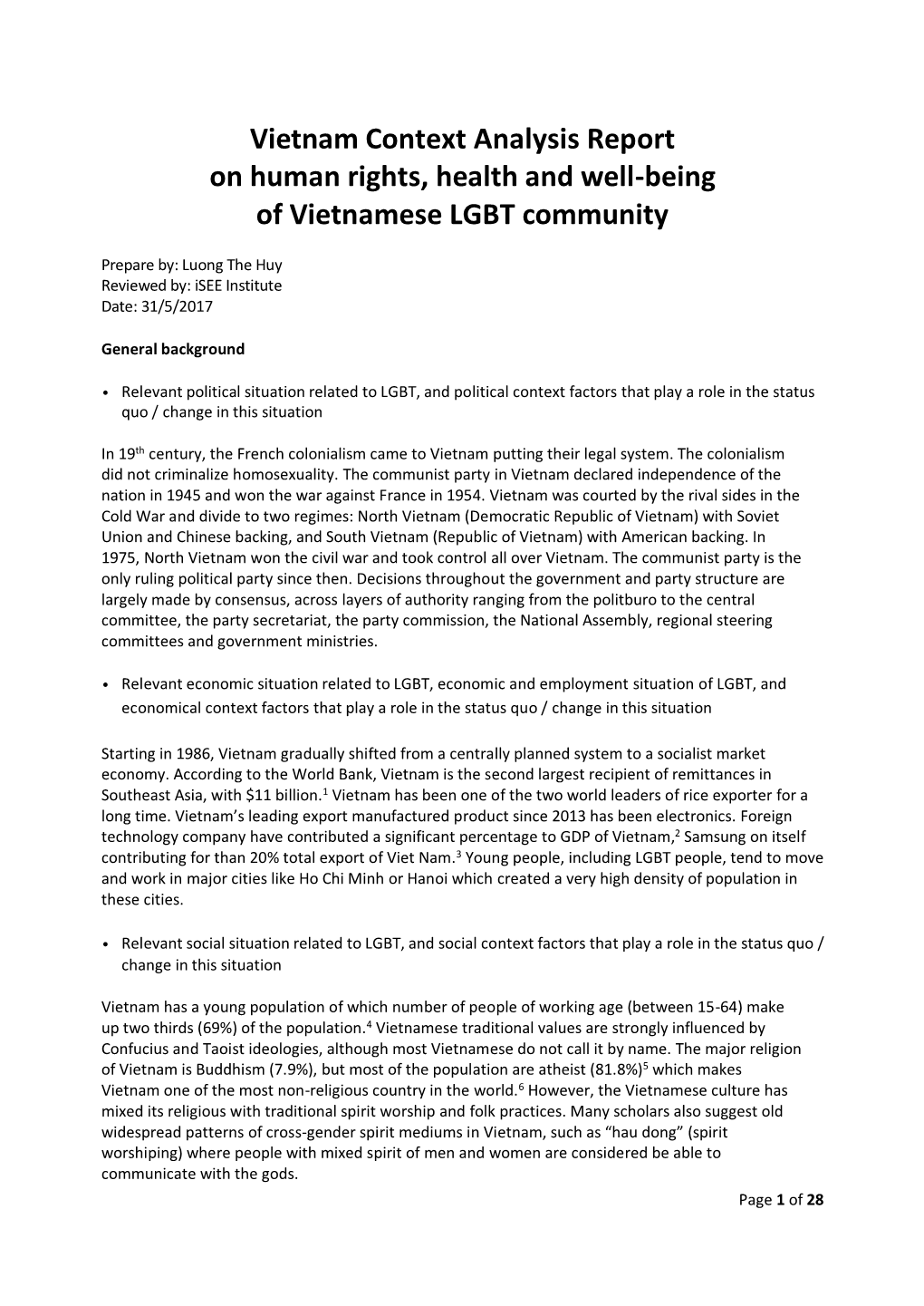 Vietnam Context Analysis Report on Human Rights, Health and Well-Being of Vietnamese LGBT Community