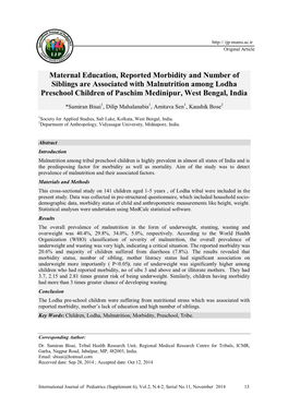 Maternal Education, Reported Morbidity and Number of Siblings Are Associated with Malnutrition Among Lodha Preschool Children of Paschim Medinipur, West Bengal, India