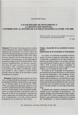 Las Sociedades De Pensamiento Y La Revolucion Francesa. Contribucion Al Estudio De Las Ideas Filosoficas Entre 1750-1800