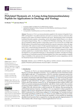 Pasylated Thymosin 1: a Long-Acting Immunostimulatory Peptide for Applications in Oncology and Virology
