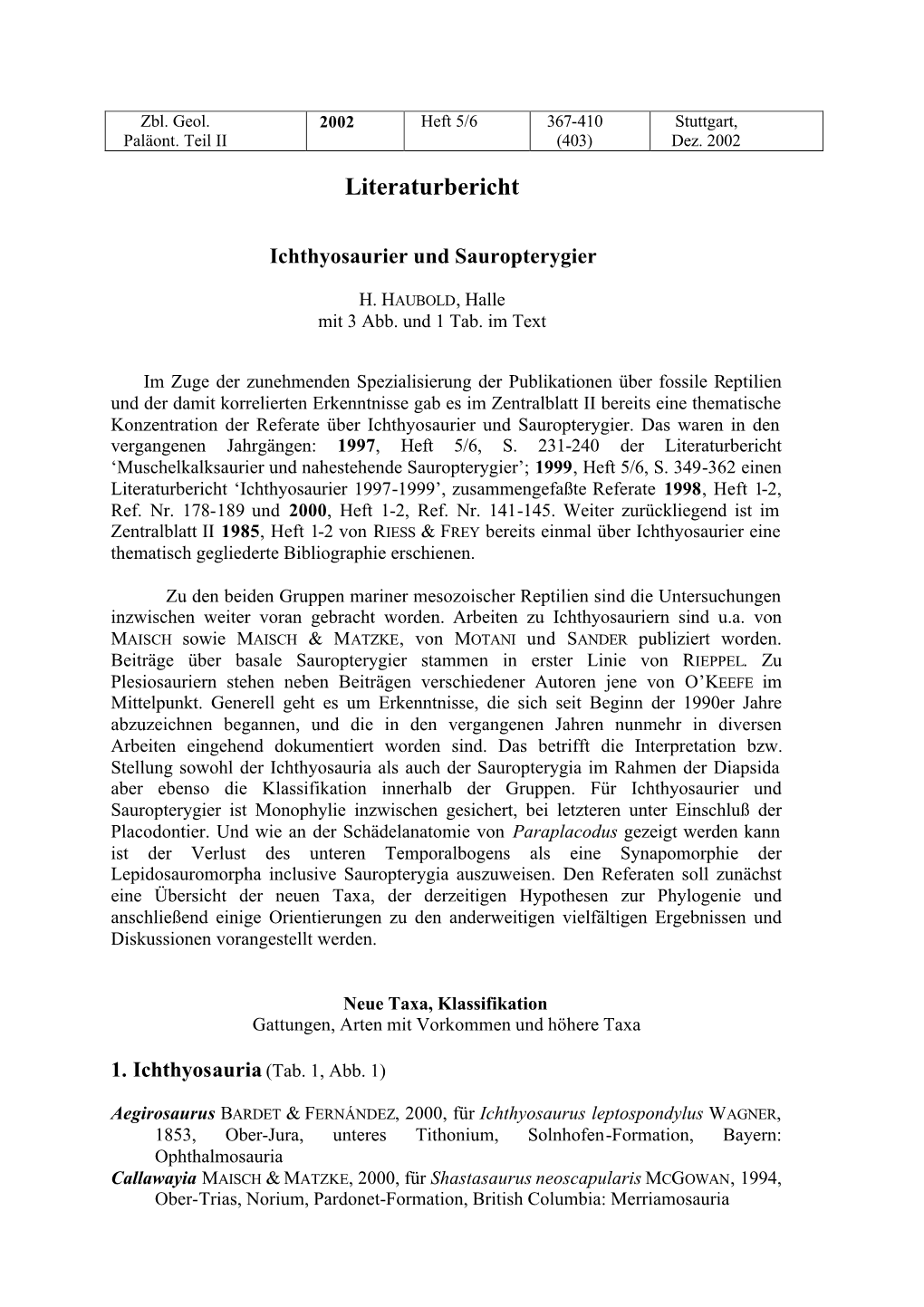 Literaturbericht: Ichthyosaurier Und Sauropterygier