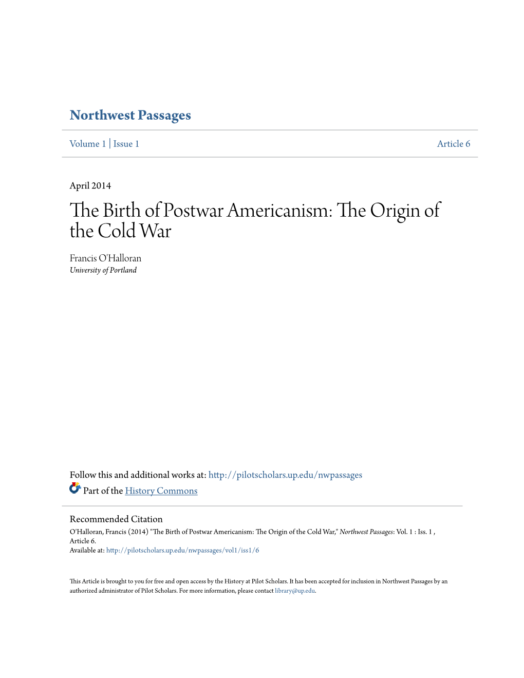 The Origin of the Cold War Francis O'halloran University of Portland