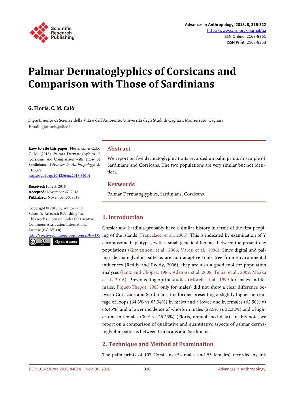 Palmar Dermatoglyphics of Corsicans and Comparison with Those of Sardinians