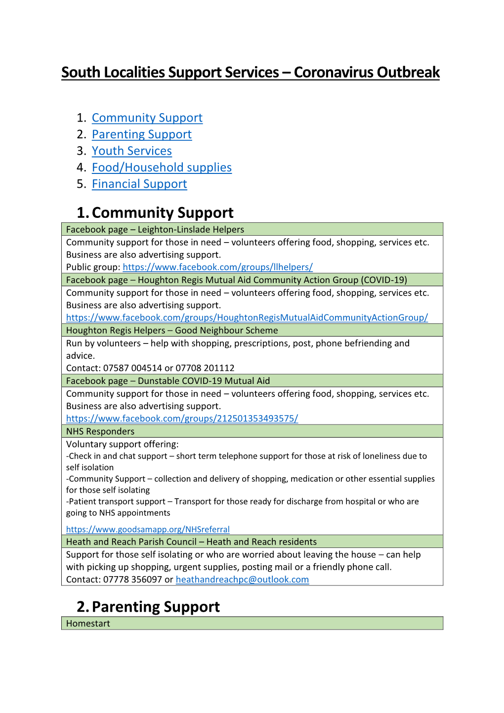 South Localities Support Services – Coronavirus Outbreak