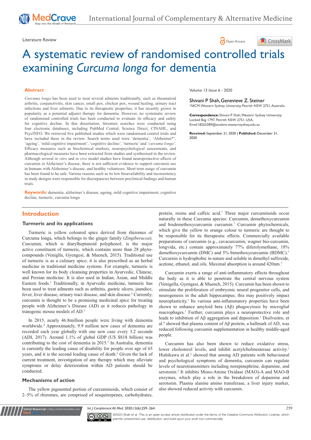 A Systematic Review of Randomised Controlled Trials Examining Curcuma Longa for Dementia