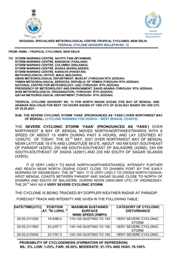 The Severe Cyclonic Storm „Yaas‟ (Pronounced As „Yass‟) Over Northwest Bay of Bengal– (Cyclone Warning for Odisha – West Bengal Coasts)