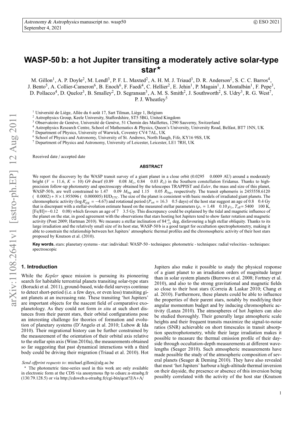 WASP-50B: a Hot Jupiter Transiting a Moderately Active Solar-Type Star