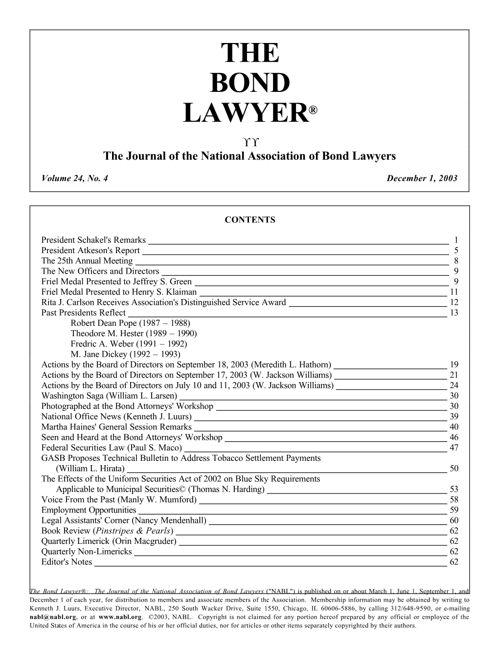 THE BOND LAWYER® ° ° the Journal of the National Association of Bond Lawyers