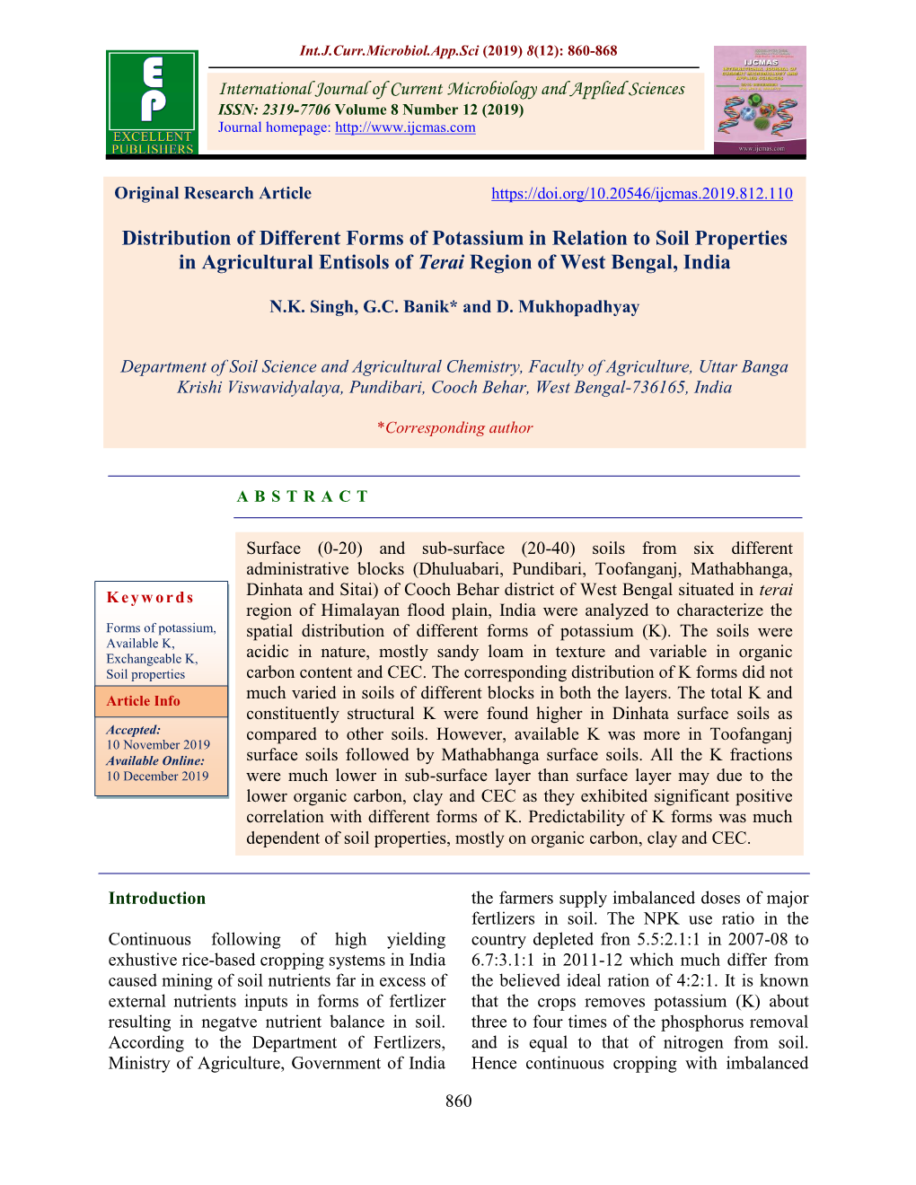 Distribution of Different Forms of Potassium in Relation to Soil Properties in Agricultural Entisols of Terai Region of West Bengal, India