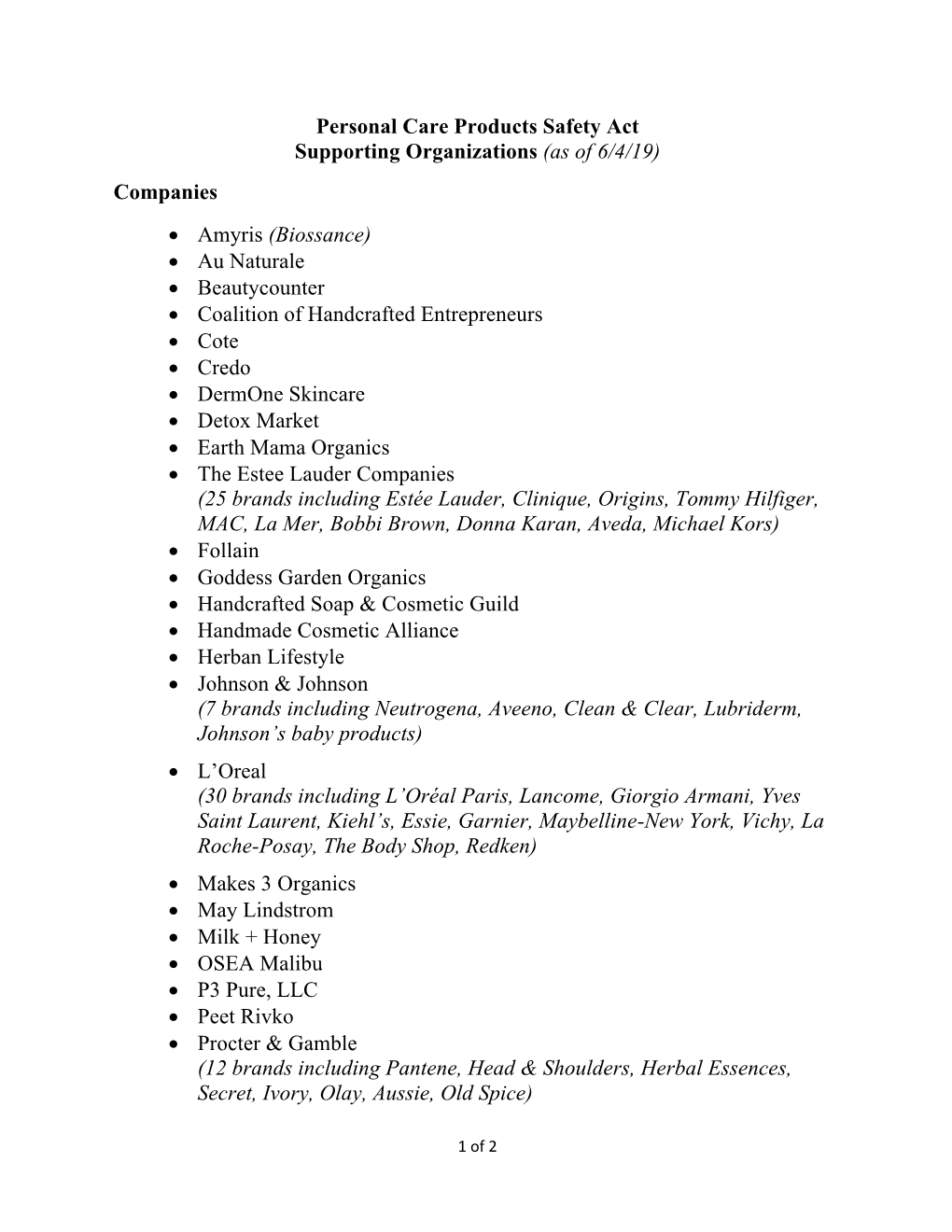 Personal Care Products Safety Act Supporting Organizations (As of 6/4