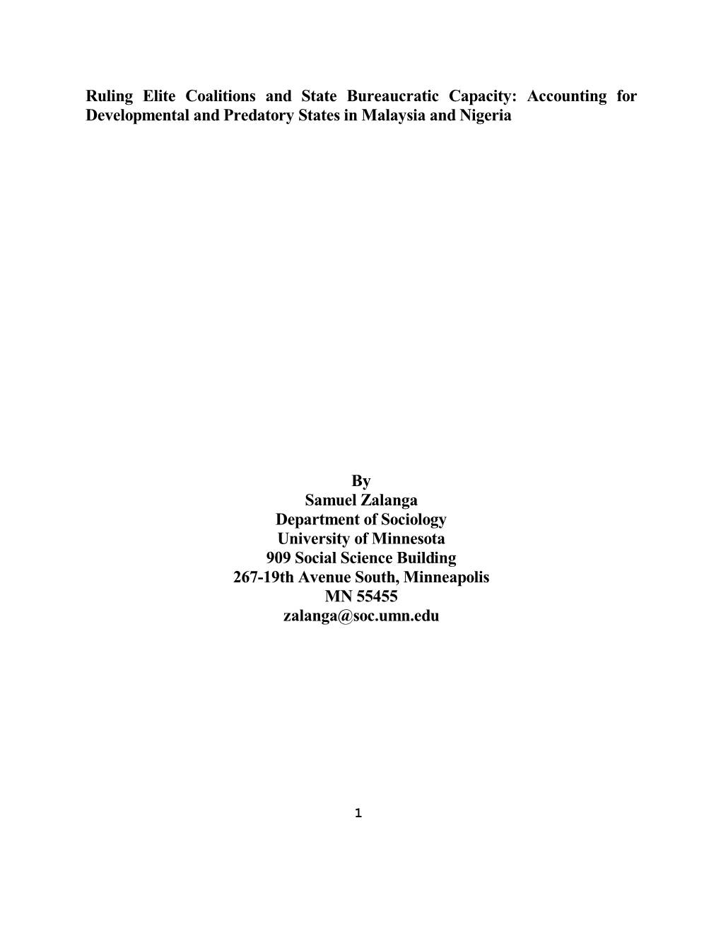 Ruling Elite Coalitions and State Bureaucratic Capacity: Accounting for Developmental and Predatory States in Malaysia and Nigeria