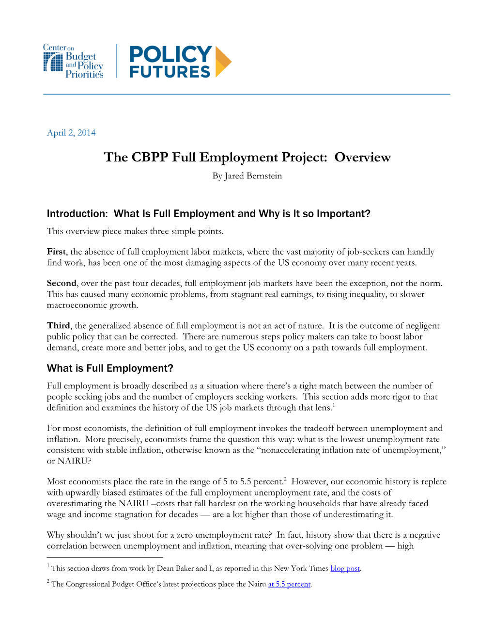 The CBPP Full Employment Project: Overview by Jared Bernstein