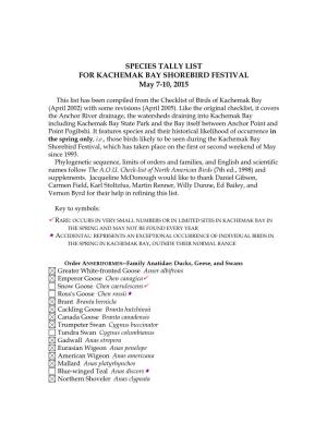 SPECIES TALLY LIST for KACHEMAK BAY SHOREBIRD FESTIVAL May 7-10, 2015