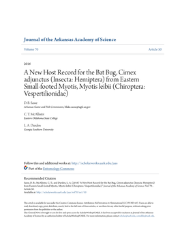 A New Host Record for the Bat Bug, Cimex Adjunctus (Insecta: Hemiptera) from Eastern Small-Footed Myotis, Myotis Leibii (Chiroptera: Vespertilionidae) D