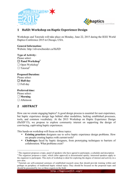 1 Haxd: Workshop on Haptic Experience Design 2 ABSTRACT