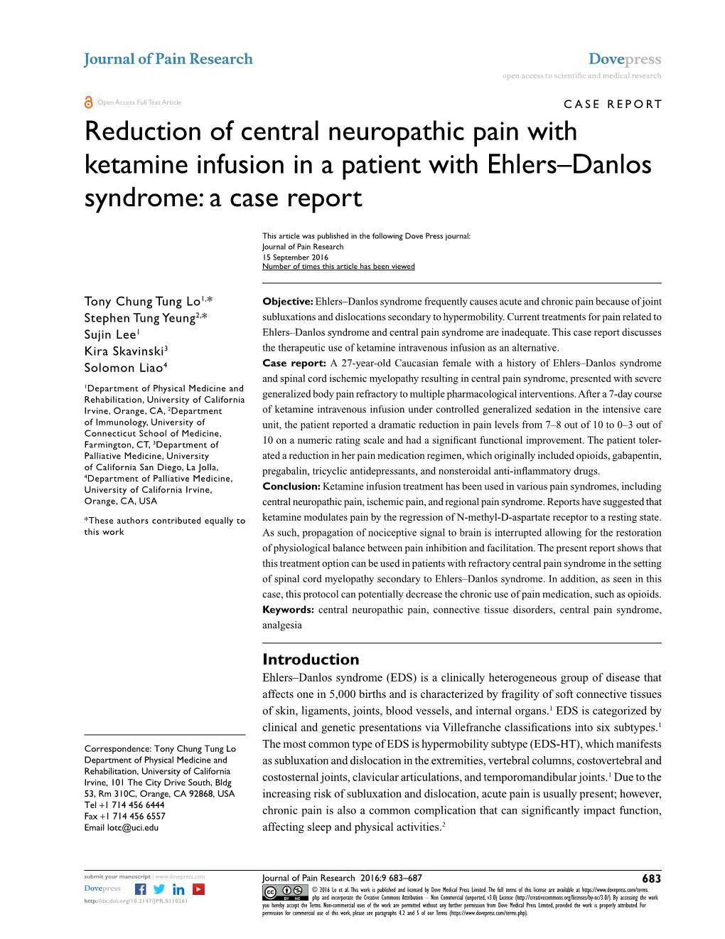 Reduction of Central Neuropathic Pain with Ketamine Infusion in a Patient with Ehlers–Danlos Syndrome: a Case Report