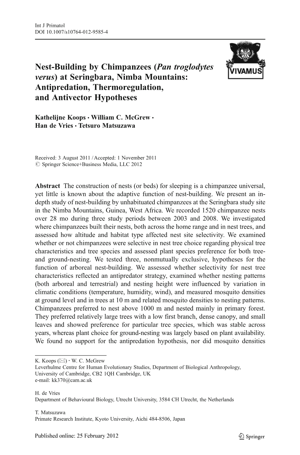 Nest-Building by Chimpanzees (Pan Troglodytes Verus) at Seringbara, Nimba Mountains: Antipredation, Thermoregulation, and Antivector Hypotheses