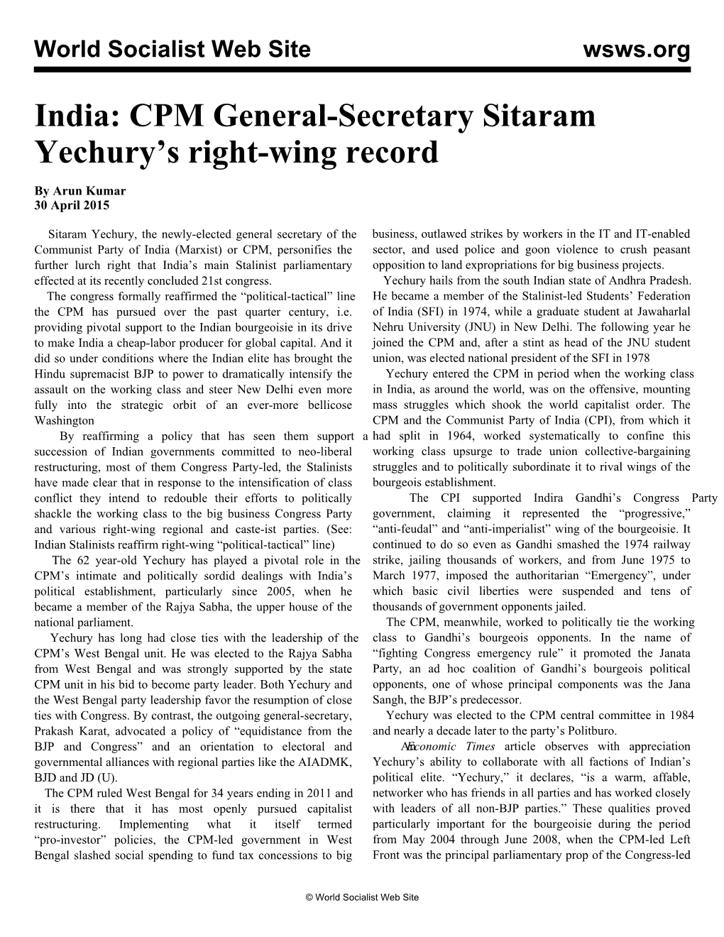 India: CPM General-Secretary Sitaram Yechury's Right-Wing Record