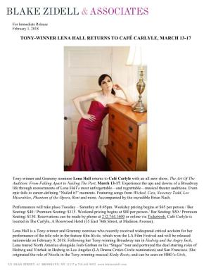 Tony-Winner Lena Hall Returns to Café Carlyle, March 13-17