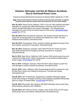 Airplane, Helicopter and Hot Air Balloon Accidents Due to Overhead Power Lines