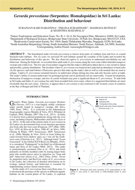 Gerarda Prevostiana (Serpentes: Homalopsidae) in Sri Lanka: Distribution and Behaviour