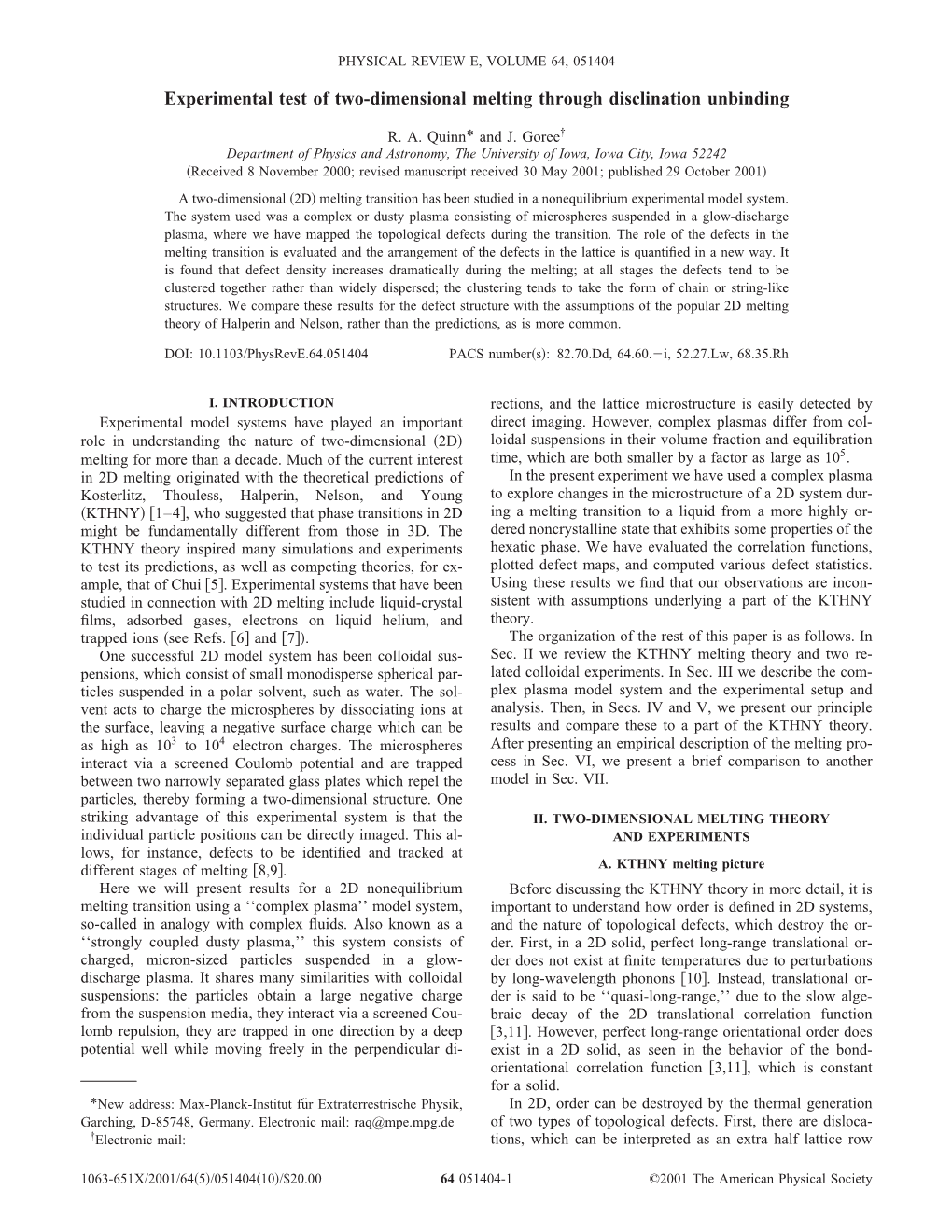 Experimental Test of Two-Dimensional Melting Through Disclination Unbinding