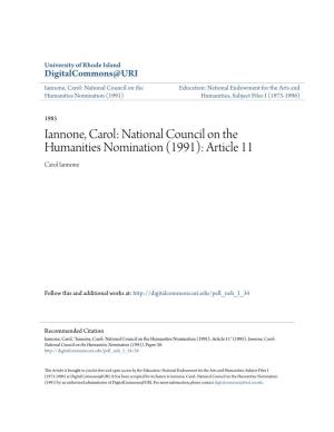 Iannone, Carol: National Council on the Education: National Endowment for the Arts and Humanities Nomination (1991) Humanities, Subject Files I (1973-1996)