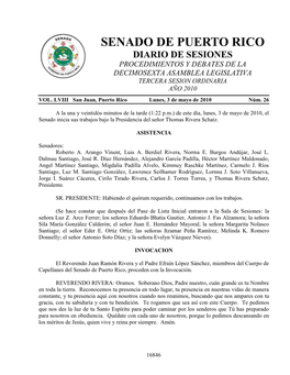 Senado De Puerto Rico Diario De Sesiones Procedimientos Y Debates De La Decimosexta Asamblea Legislativa Tercera Sesion Ordinaria Año 2010 Vol