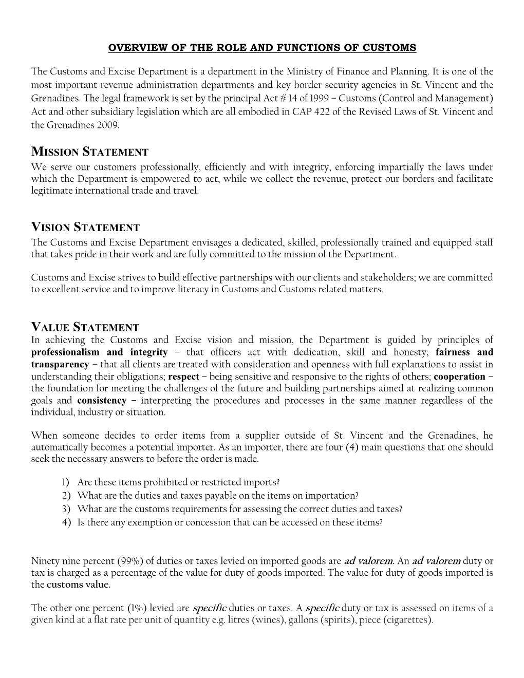 OVERVIEW of the ROLE and FUNCTIONS of CUSTOMS The