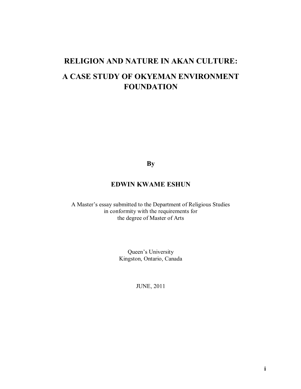 Religion and Nature in Akan Culture: a Case Study of Okyeman Environment Foundation