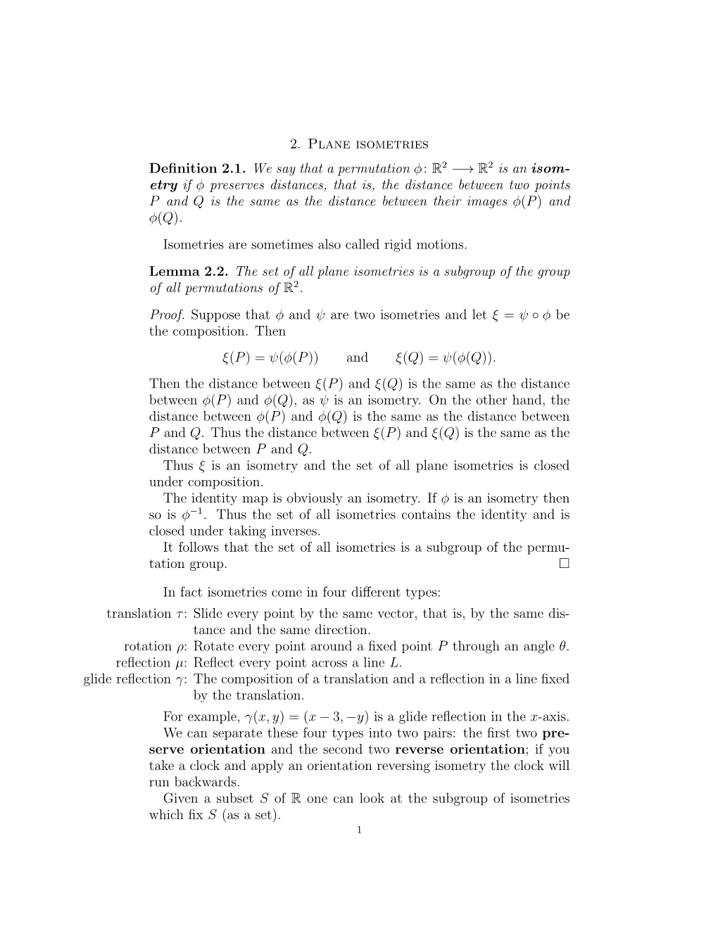 2. Plane Isometries Definition 2.1. We Say That a Permutation Φ