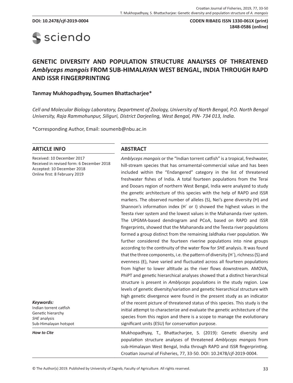 GENETIC DIVERSITY and POPULATION STRUCTURE ANALYSES of THREATENED Amblyceps Mangois from SUB-HIMALAYAN WEST BENGAL, INDIA THROUGH RAPD and ISSR FINGERPRINTING