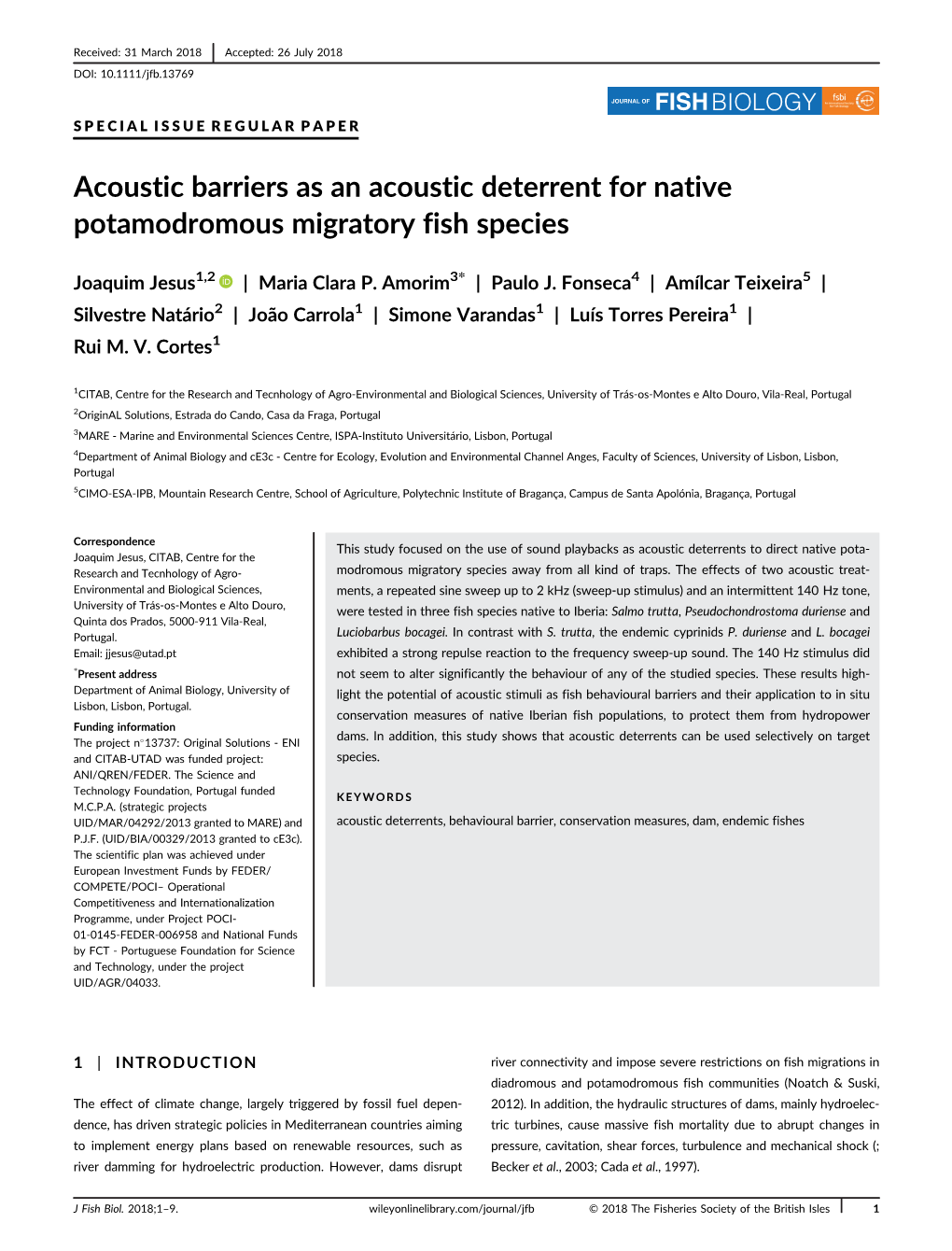 Acoustic Barriers As an Acoustic Deterrent for Native Potamodromous Migratory Fish Species