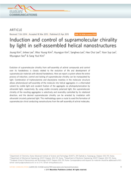 Induction and Control of Supramolecular Chirality by Light in Self-Assembled Helical Nanostructures