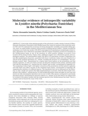 Molecular Evidence of Intraspecific Variability in Lysidice Ninetta (Polychaeta: Eunicidae) in the Mediterranean Sea