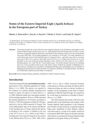 Status of the Eastern Imperial Eagle (Aquila Heliaca) in the European Part of Turkey