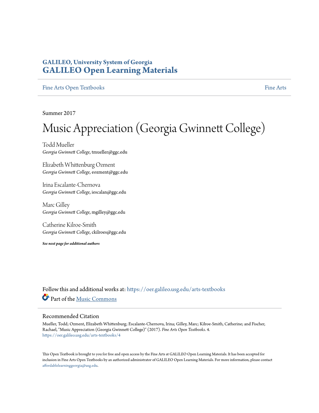 Music Appreciation (Georgia Gwinnett Olc Lege) Todd Mueller Georgia Gwinnett College, Tmueller@Ggc.Edu