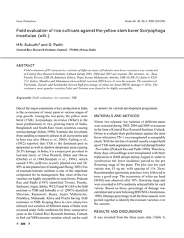 Field Evaluation of Rice Cultivars Against the Yellow Stem Borer Scirpophaga Incertulas (Wlk.)