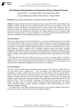 The Climate Characteristics and Forecast of Fog in Shanxi Province