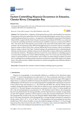 Factors Controlling Hypoxia Occurrence in Estuaries, Chester River, Chesapeake Bay