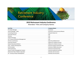 2019 Retirement Industry Conference Attendees’ Titles and Company Names