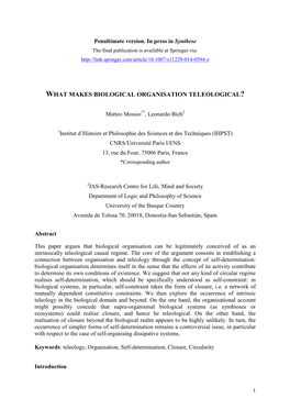 What Makes Biological Organisation Teleological ?