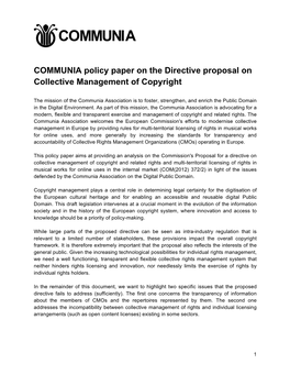 COMMUNIA Policy Paper on the Directive Proposal on Collective Management of Copyright
